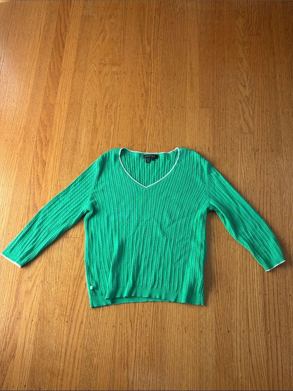 Ralph Lauren Green V-Neck Ribbed Sweater with White Trim